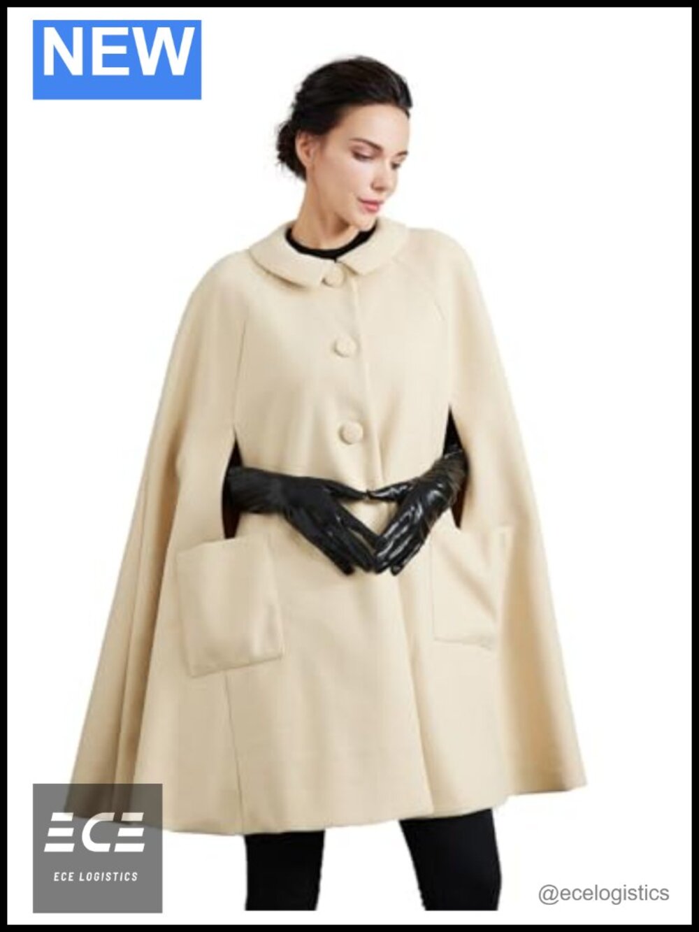 Women's Wool Blend Cape Coat with Pockets Single-Breasted Pea Coat Fall Winter